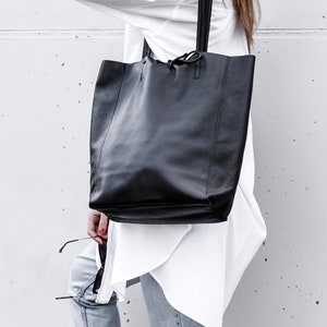 Leather tote bag in black, Leather shopper in black, Soft natural GENUINE leather shoulder bag, Large black tote bag, minimalist laptop bag image 1