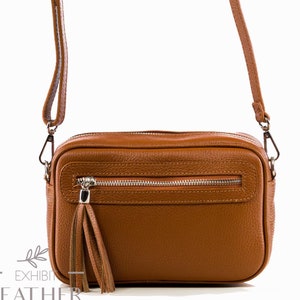 Cognac Brown Leather Crossbody Bag: Top Zip Messenger