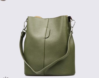 Military green genuine leather bucket bag, Leather handbag, shoulder bag, army green colour bag, Real Leather Elegant Bag, Gift for Her