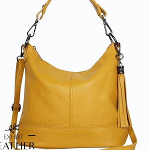 Sloushy bag mustard yellow genuine leather top zip shoulder bag with tassel, leather handbag, shopper bag, yellow hobo everyday bag