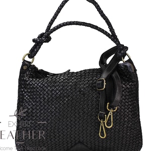 Echtleder Tote Bag mit langem Riemen, schwarze Handtasche, Satteltasche, Rindsleder Umhängetasche, Ranzen, geflochtene Leder Hobo Tasche