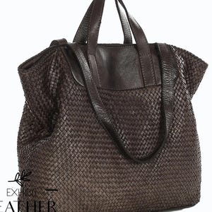 Real leather tote bag with long strap, XXL size dark brown handbag, purse, saddle bag, cowhide shoulder bag, satchel, braided leather