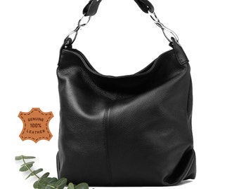 Black genuine leather top zip shoulder bag, Leather handbag, Shopper bag, Black color big laptop bag, Real Leather Elegant Bag, Christmas