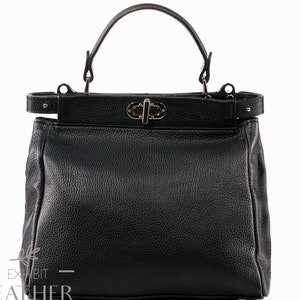 Schwarze echte Ledertasche mit Reißverschluss, Lederhandtasche, kurzer und langer Riemen, elegante Designertasche, Geschenk für ihre stilvolle Tasche der dunklen Farbe