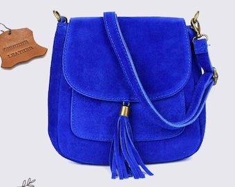 Royal blue suede small real leather cross body bag, Genuine leather Cross body shoulder bag, messenger bag, top zip blue bag