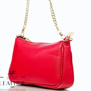Top zip genuine leather small bag, leather handbag, classic purse, red real leather clutch, cross body chain bag