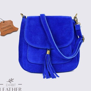 Royal blue suede small real leather cross body bag, Genuine leather Cross body shoulder bag, messenger bag, top zip blue bag