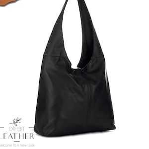 Top zip black genuine leather hobo shoulder bag, real leather hobo bag, shopper bag, dark color elegant purse