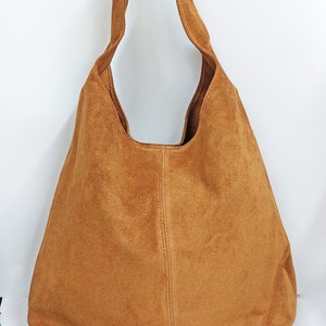 Sac hobo en cuir véritable en daim marron cognac, sac hobo en cuir suédé, sac cabas, couleur marron grand sac pour ordinateur portable