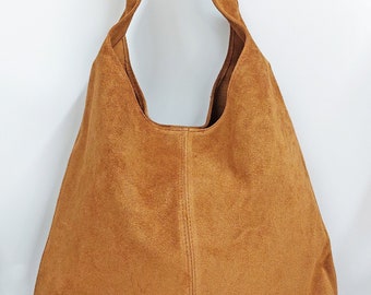Cognac brown suede genuine leather sloushy bag hobo shoulder bag, Suede Leather Hobo Bag, Shopper Bag, brown color Big Laptop Bag