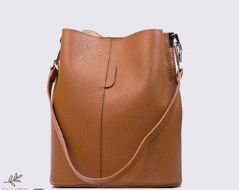 Sac seau en cuir véritable marron cognac, sac à main en cuir, sac à bandoulière, sac de couleur cognac, sac élégant en cuir véritable, cadeau pour elle