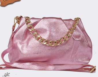 Top zip metallic pink real leather shoulder bag, cross body pochette, genuine leather party bag, elegant chain purse
