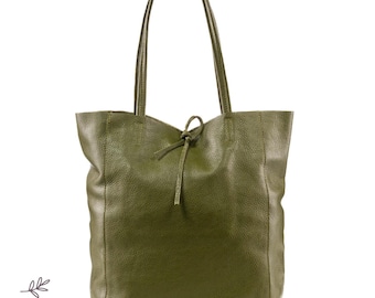 Bolso tote de piel verde militar: Bolso shopper grande de piel auténtica