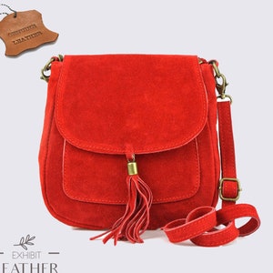 Red suede real leather small crossbody bag, Genuine leather Cross body shoulder bag, messenger bag, top zip red bag