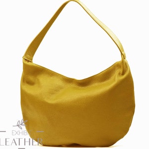 Top zip mustard genuine leather hobo bag, shoulder bag, soft leather purse, cowhide leather banana bag