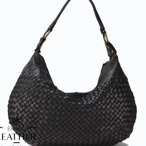 Schwarze glatte gewebte Leder Umhängetasche mit Langen Riemen, Vintage Waschte Leder Hobo Bag, Slouchy Ledertasche, Schwarze Leder Tragetasche