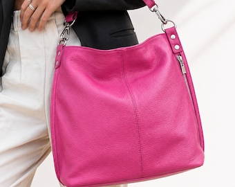 Genuine Leather Fuchsia Tote Bag 2 Sizes Adjustable Strap, Everyday Use Shoulder Purse