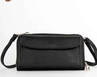 Made in Italy Black Genuine Leather Cross body Phone Bag Wallet with Strap