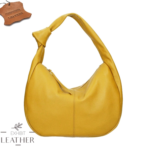 Top zip mustard yellow genuine leather hobo shoulder bag, real leather hobo bag, shopper bag, mustard banana bag, leather purse
