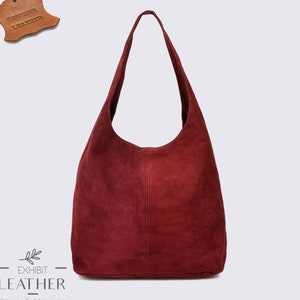 Sac hobo en cuir suédé bordeaux : cabas souple avec fermeture aimantée ou à glissière
