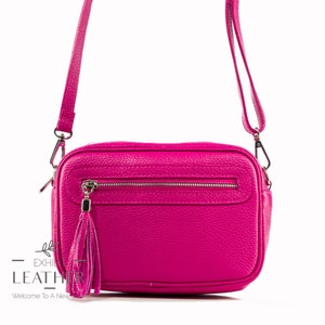 Sac en cuir véritable fuchsia, sac à bandoulière, sac messager en cuir véritable, sac de fête rose fuchsia