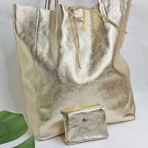 Gold tote bag, small gold wallet,  leather tote bag in gold, shopper in gold, Soft natural GENUINE leather shoulder, Large gold laptop bag