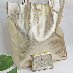 Sac fourre-tout doré, petit portefeuille doré, sac fourre-tout en cuir doré, cabas doré, épaule en cuir véritable naturel doux, grand sac pour ordinateur portable doré