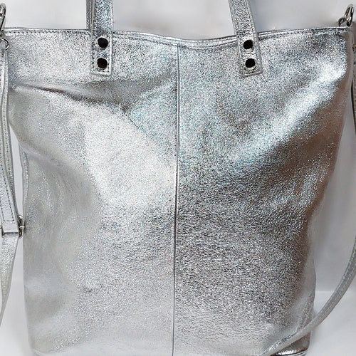 Top Zip Silver Leather Tote Bag Leather Shoulder Bag Laptop Etsy