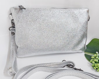 Top zip silver real leather bag, cross body shoulder bag, genuine leather messenger bag, real leather handbag, wedding clutch