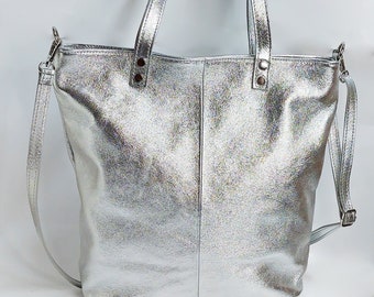 Top Reißverschluss Silber Leder Tragetasche, Leder Umhängetasche, Laptop Tasche, Crossbody Tasche, Leder große Tasche, Shopper, minimalistische Geldbörse