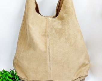 Taupe suede genuine leather hobo shoulder bag, Suede Leather Hobo Bag, Shopper Bag, Pale color Big Laptop Bag