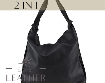 Smooth Leather Convertible Backpack: Black Cowhide Shoulder Bag in Real Calfskin Leather