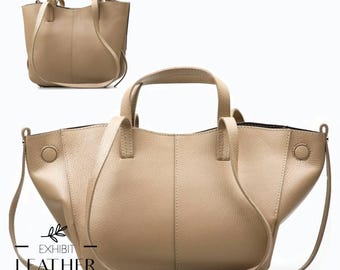 Taupe Genuine Leather Shoulder Bag: 2-in-1 Tote Shopper
