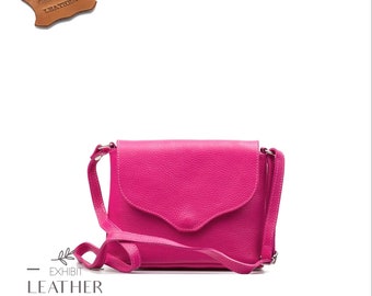 Fuchsia Leather Cross body Bag: Hot Pink Party Clutch, Shoulder Top Zip Purse