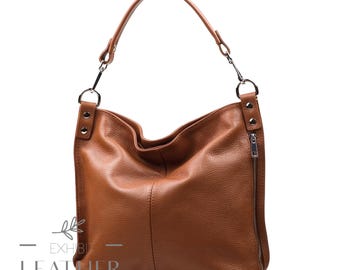 Tan Real Leather Shoulder Bag: Top Zip Handbag, Cognac Brown Shopper Cross Body Bag in 2 sizes, Genuine Leather Camel Tote Bag