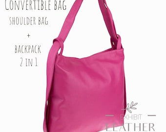Convertible Fuchsia Genuine Leather Backpack Bag: 2-in-1 Hot Pink Travel Tote Everyday Use Rucksack