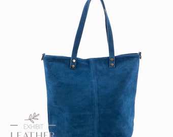 Denim blue suede leather tote bag, Leather Shoulder Bag Crossbody Bag Belt Bag, Jeans blue Leather shopper bag, Leather Cross body bag