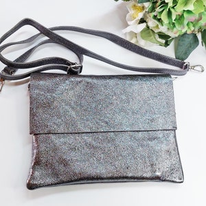 Gunmetal Leather Crossbody Bag: Metallic Dark Gray Shoulder Bag