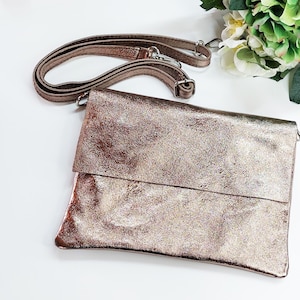 Bronze Metallic Leather Crossbody Bag: Top Zip Tablet Messenger