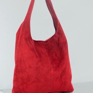 Red suede genuine leather hobo shoulder bag, Suede Leather Hobo Bag, Shopper Bag, red color Big Laptop Bag