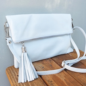 White real leather bag, Cross body shoulder bag, genuine leather messenger bag, tablet book bag zipper, wedding clutch