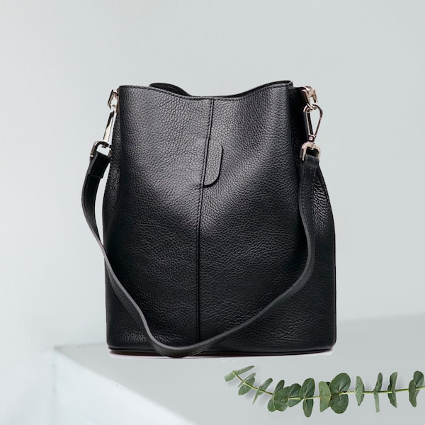 Sac seau en cuir véritable noir, sac à main en cuir, sac à bandoulière, sac de couleur noire, sac élégant en cuir véritable