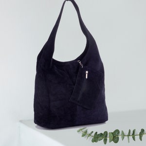 Navy Blue Suede Leather Hobo Bag: Big Shopper Bag