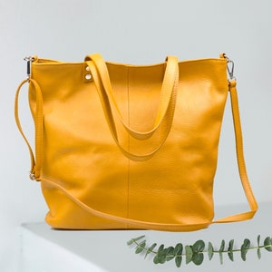 Top zip mustard yellow leather tote bag, Leather shoulder bag,  laptop bag, crossbody bag, leather big tote, shopper