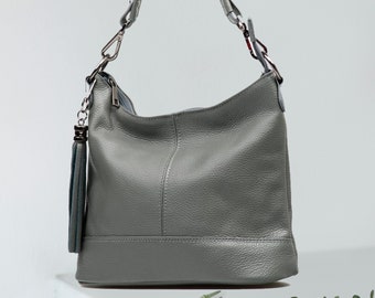 Grey genuine leather top zip shoulder bag with tassel, Leather handbag, Shopper bag, grey color big laptop bag, Real Leather Elegant