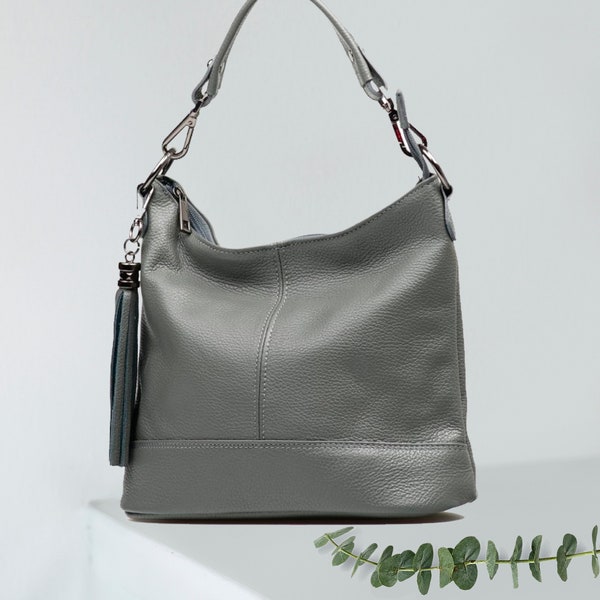 Grey genuine leather top zip shoulder bag with tassel, Leather handbag, Shopper bag, grey color big laptop bag, Real Leather Elegant