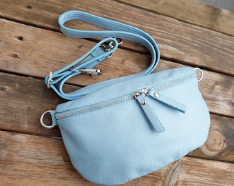 Minimalist Light Blue Leather Belt Bag: Crossbody Shoulder Fanny Pack