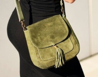 Military green suede small real leather crossbody bag, Genuine leather Cross body shoulder bag, messenger bag, top zip black bag