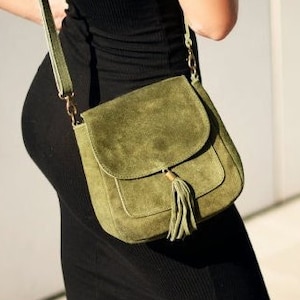 Military Green Suede Small Real Leather Crossbody Bag Genuine 