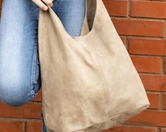 Taupe suede genuine leather hobo shoulder bag, Suede Leather Hobo Bag, Shopper Bag, Pale color Big Laptop Bag